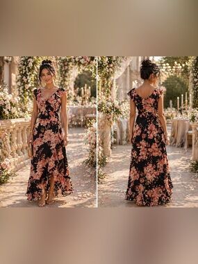 London Times Black Maxi Dress with Pink Floral Print